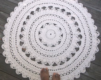 White Cotton Crochet Rug 41", 104.14cm Circle Non Skid