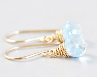 Blue Topaz Drop Earrings, December Birthstone, Petite Gemstone Dangle Earrings