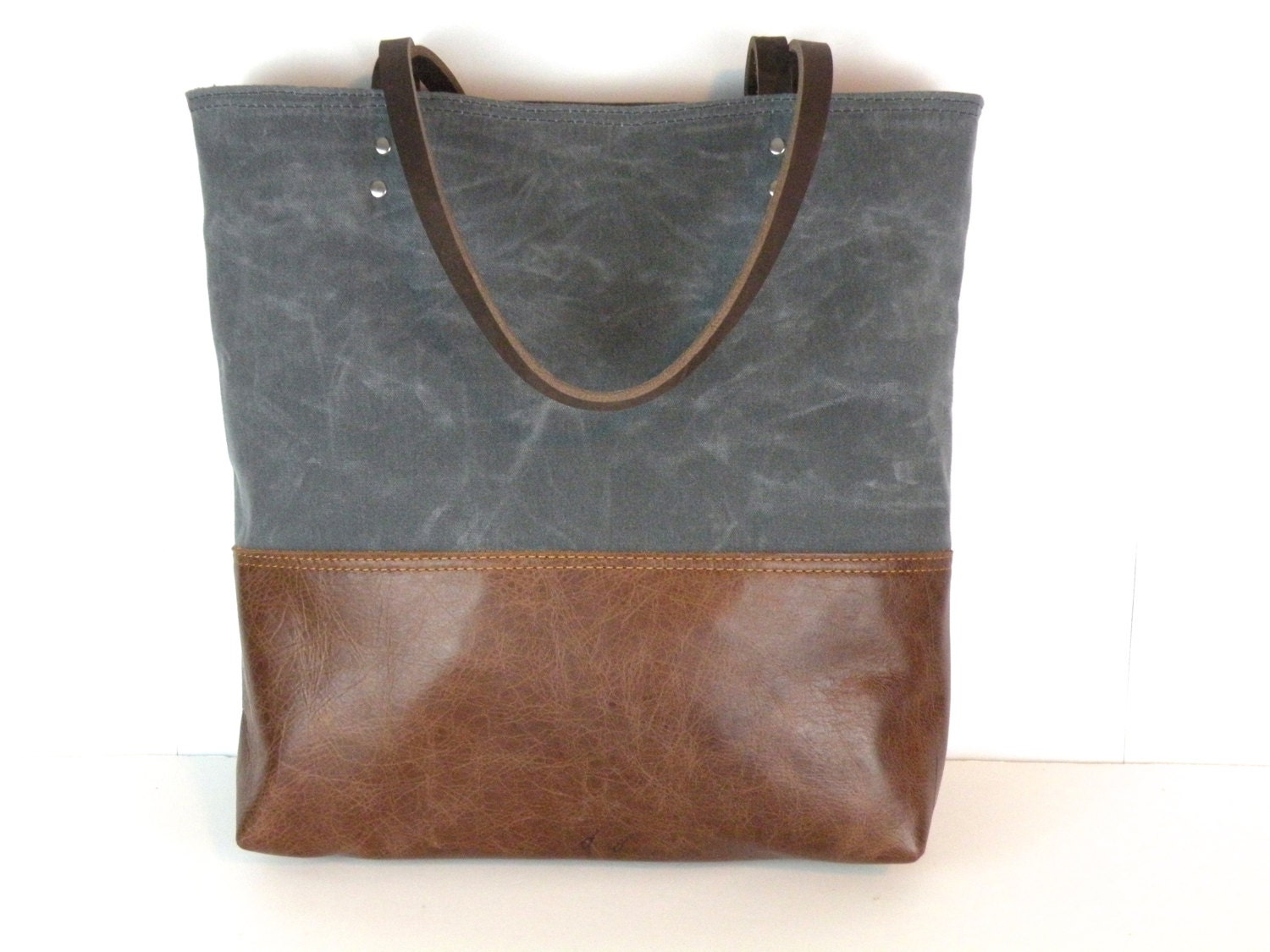 Waxed Canvas Tote grey and brown tote leather by RedStaggerwing
