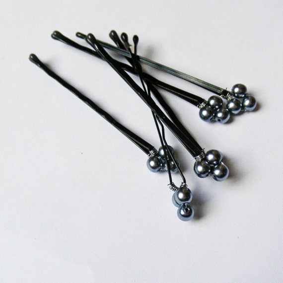 Black Pearl Hair Pins wedding set of 6 Dark Gray Grey