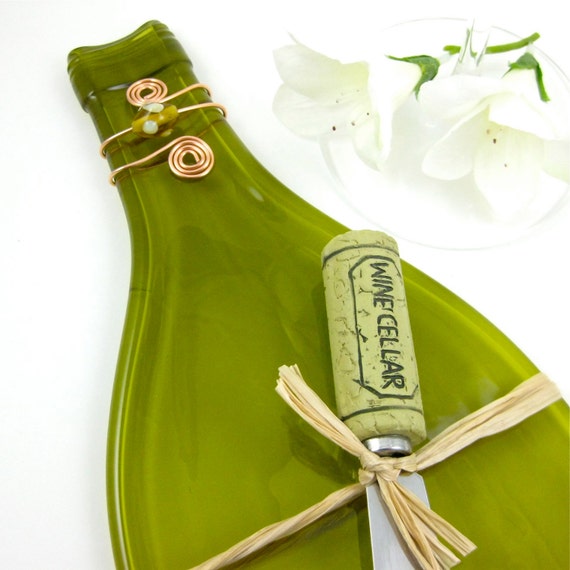 Flattened Wine Bottle Cheese Tray Olive Green and Eco