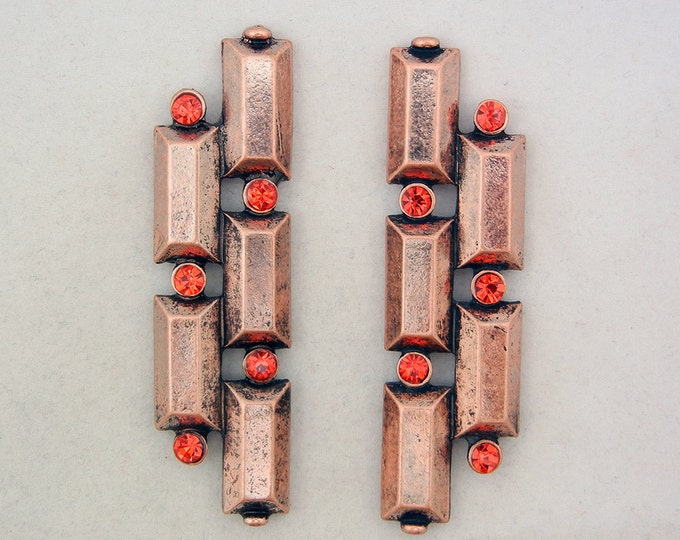 Pair of Antique Copper-tone Abstract Slide Chrms Red Orange Rhinestones