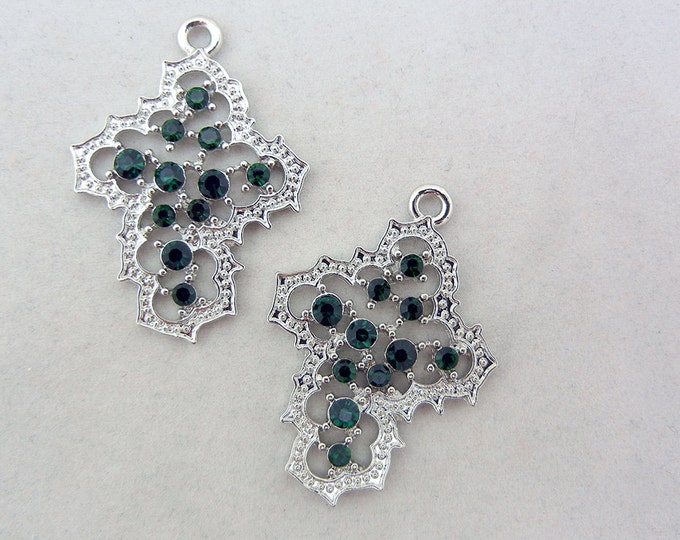 Silver-tone Abstract Cross Charms with Emerald and Clear Rhinestones