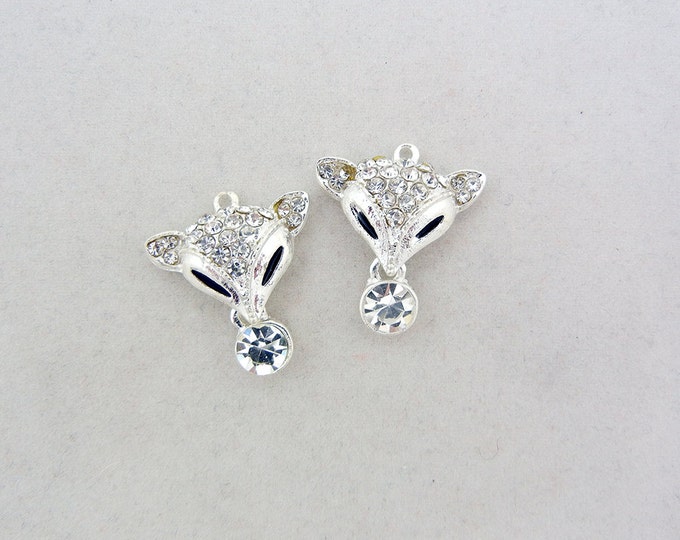 Pair of Rhinestone Fox Head Charms Silver-tone