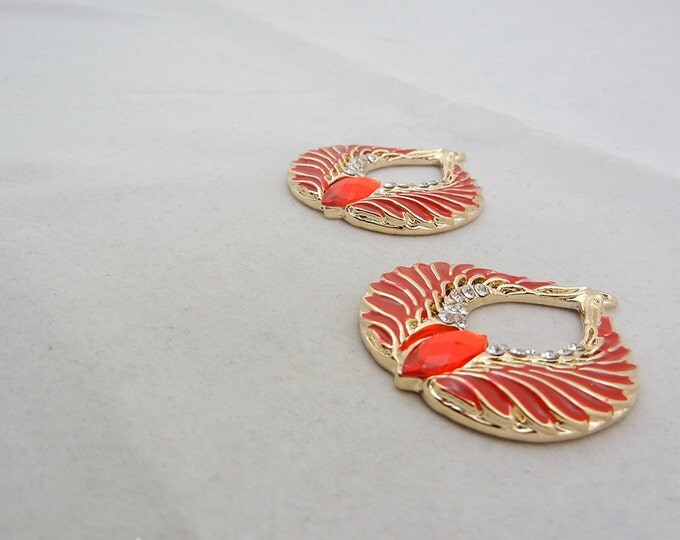 Pair of Double Wing Charms Red Epoxy Gold-tone Rhinestones