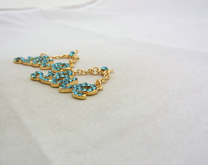 Pair of Turquoise Blue Rhinestone Love Charms Gold-tone Double Link Chain