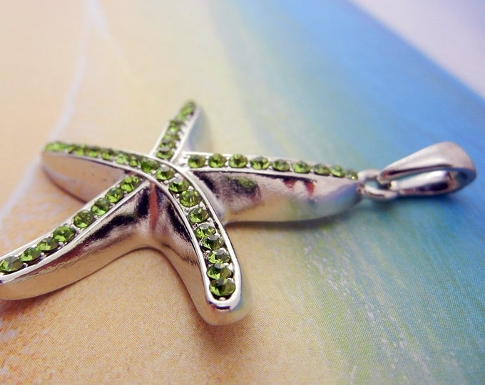 Silver-tone Starfish Pendant Green Rhinestones