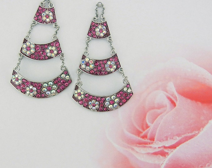 Pair of 3 Tiered Floral Pink and Aurora Borealis Rhinestone Drop Charms Silver-tone