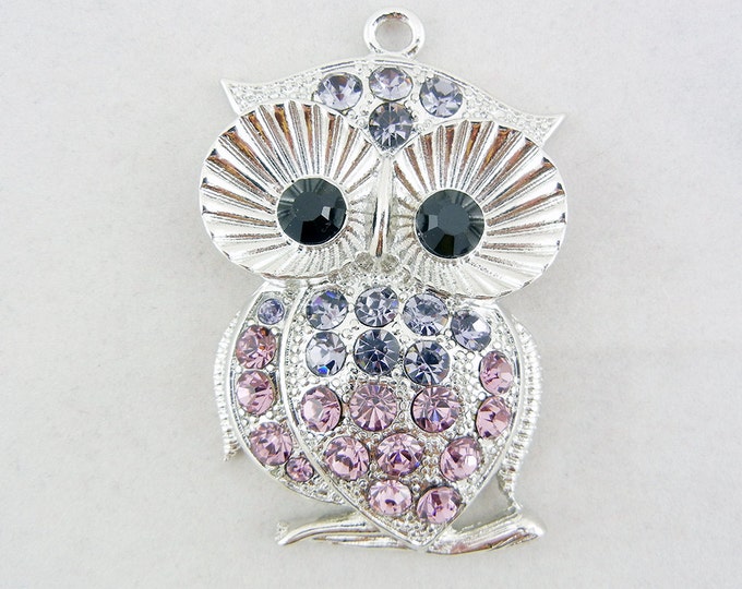 Blue Purple and Light Purple Rhinestone Encrusted Silver-tone Owl Pendant