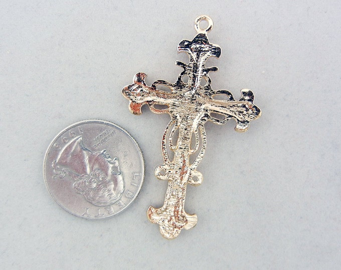 Gold-tone Filigree Cross Pendant Black Rhinestones