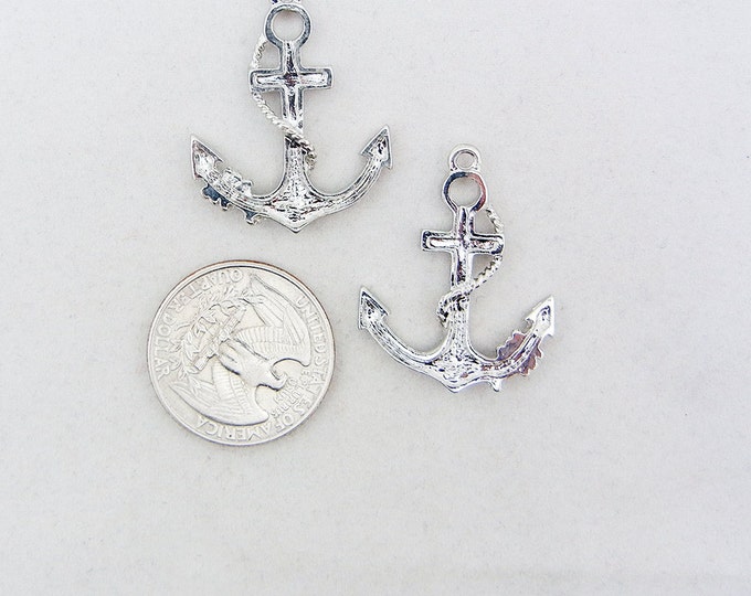 Rhinestone Nautical Anchor and Rope Charms Encrusted Silver-tone