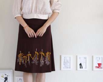 Lovely Design Skirts for Women, Chocolate Brown Midi Jersey Skirt, Knee Length A-line Skirt with Handmade Bows Apllique