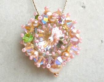 Rivoli Swarovski Crystals Pearls Pink Green Pendant Beadwoven Beaded Beadweaving Unique Jewelry Rising Star