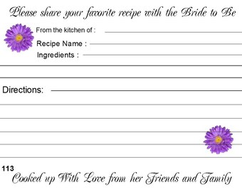 Bridal Shower Wedding Recipe Cards Personalized 40 Quantity