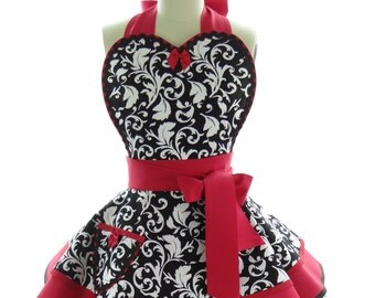 Retro Apron - Red Parisian Womens Aprons - Vintage Apron Style - Damask Pin up Cosplay Costume