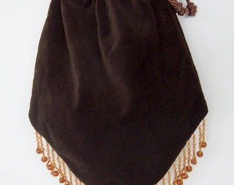 Chocolate Brown Velvet Gypsy Bag with Beads Hippie Bag Boho Bead Bag Cross Body Bag