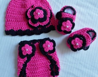 Baby Girl Infant Girl Crochet Hat Beanie Booties Diaper Cover Baby Shower Gift Photo Prop 10018 MADE TO ORDER