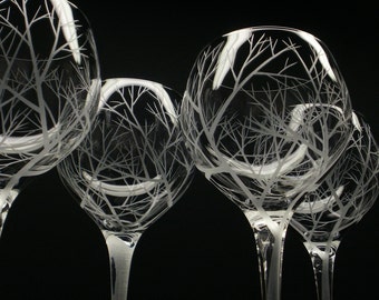 4 Red Wine Glasses 17 oz. Hand Engraved 'Reaching Branches' Holiday Table Decor