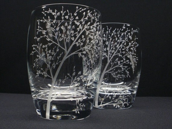 2 12 oz.Double Old Fashioned Glasses . Hand Engraved 'Branches & Leaves' . SpringBarware