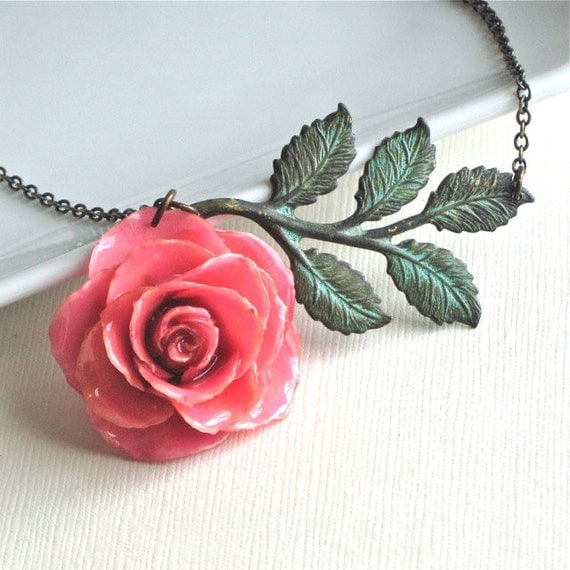 Preserved Pink Rose Necklace Real Flower Jewelry Verdigris