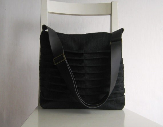 Items similar to Black Canvas Pleated Bag with Leather Strap on Etsy