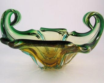 Vintage Murano Art Glass Bowl Green and Amber Gold Glass with Decorative Scrolled Sides