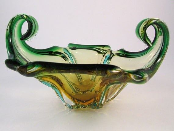 Vintage Murano Art Glass Bowl Green and Amber Gold Glass with