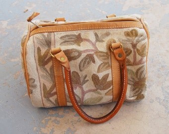 vintage 80s Purse - Elephant Walk Kilim Floral Tapestry and Leather Bag