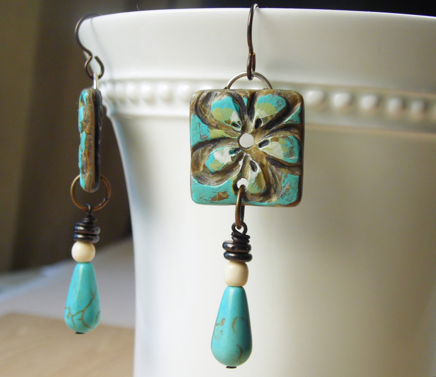 Polymer Clay Earrings featuring Seaside Turquoise White and