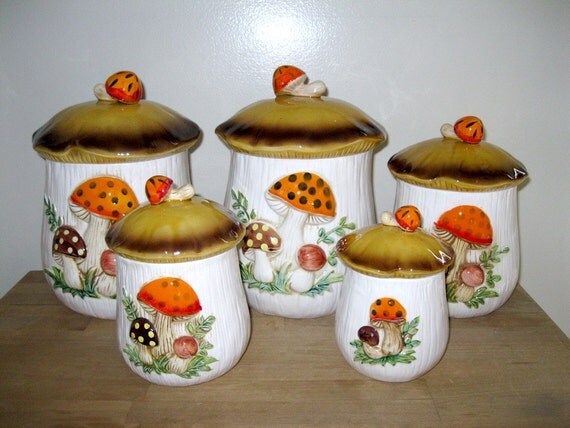 Vintage Ceramic Canister Set Retro Mushrooms Kitschy