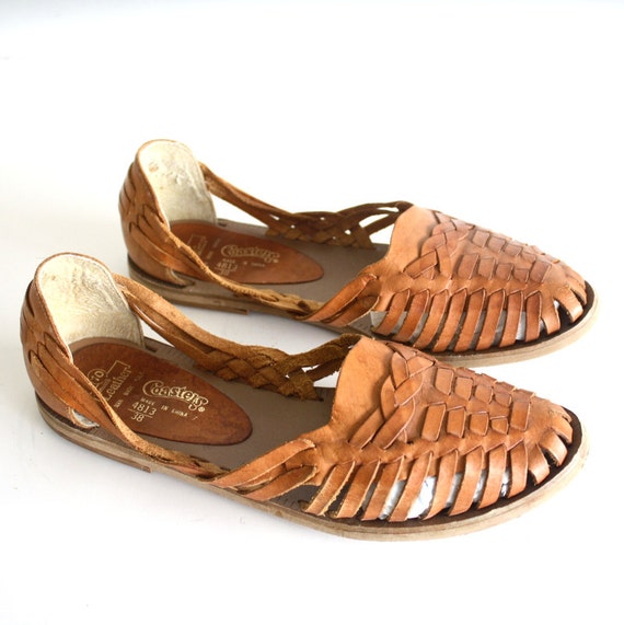 Woven Brown Leather Huarache Sandals Size 10 by pascalvintage