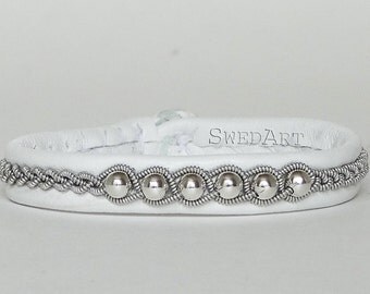 SwedArt B120 Borealis Lapland Sami Bracelet with Sterling Silver Beads and Pewter Button, White, X-SMALL