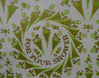 Vintage 1960s Wedding Shower Gift Wrap-Stylish Green Umbrellas 2 Sheets MOD Wrapping paper