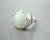 Wire Wrapped Ring - Size 6 - Opal White, Crystal, Bright, Cute, Lovely, Love, Romantic, Snow, Ice, Grey, Gray, October Stone, Jewelry Rings