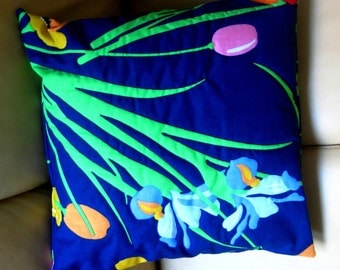 Floral Pillow Decorator Pillow Throw Pillow Iris Quilted Top Sham Navy Orange Yellow Pink