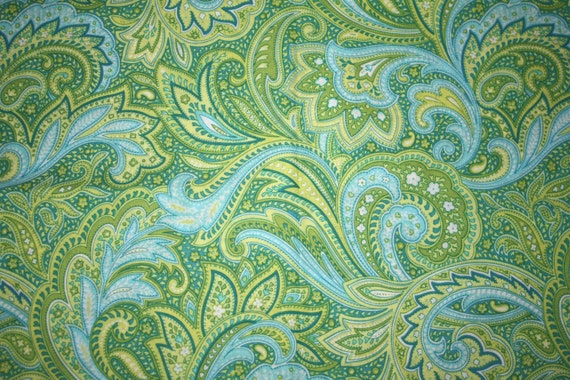 SALE Green and Turquoise Blue Paisley Fabric by SnugglesofLove