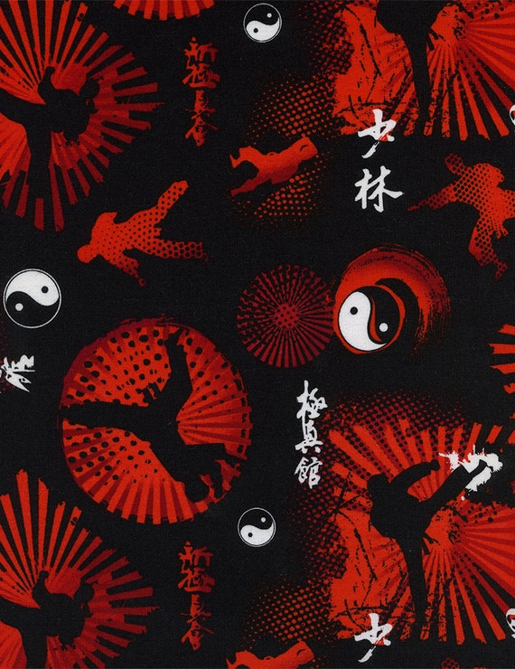 Fabric Timeless MARTIAL ARTS KARATE Asian Black Red Yin Yang