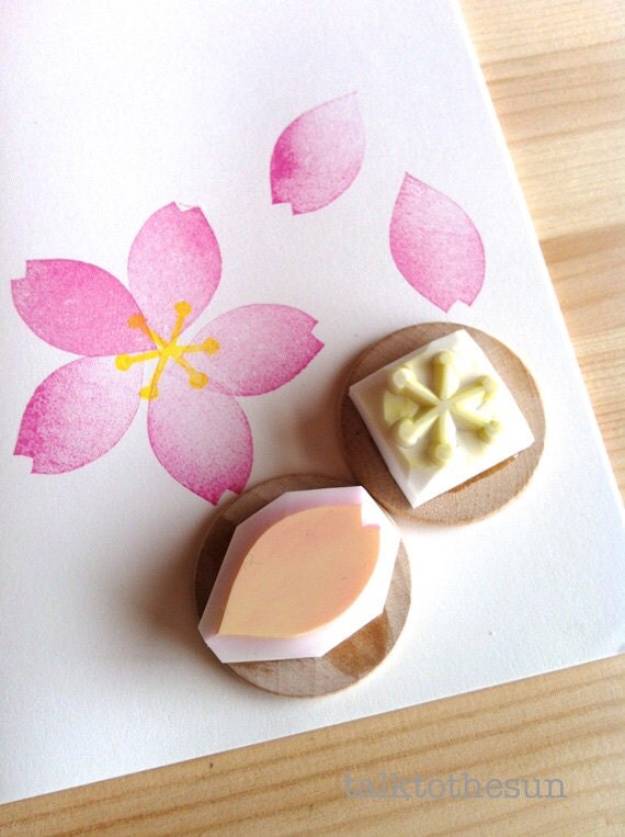cherry blossom stamps. flower hand carved rubber stamp. japan