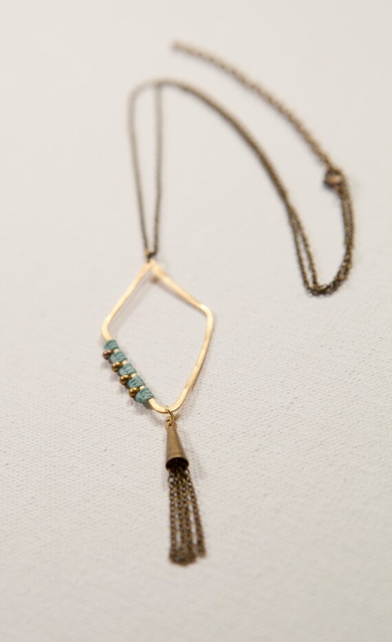 Diamond & Tassel Necklace (aqua, brass)