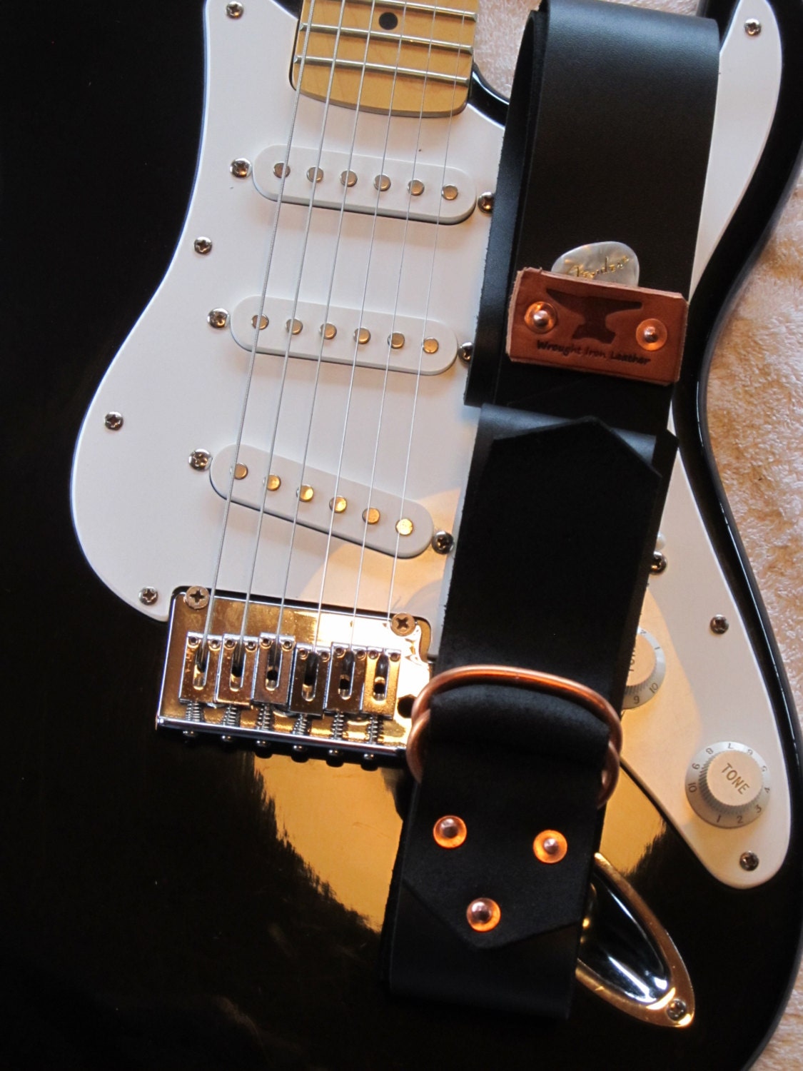 Leather Guitar Strap w/ pick holder by Wrought Iron Leather