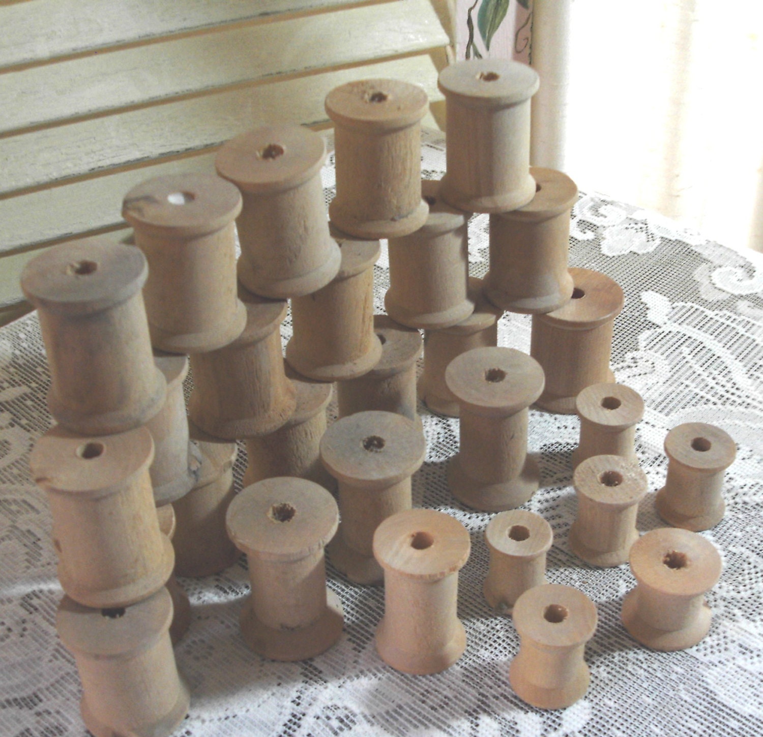 Vintage Lot of 28 Wooden Sewing Spools Craft by InfinityCrafts