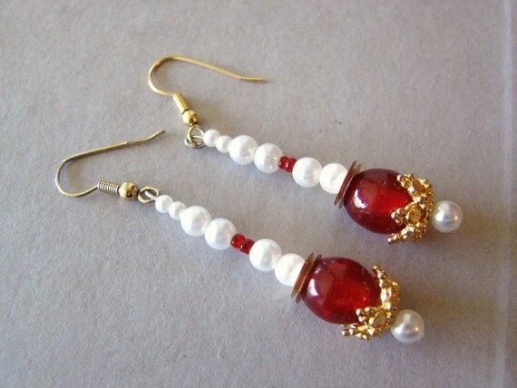 SALE Vintage gold red and white pearl dangle earrings