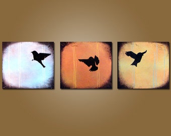earthy art, original modern contemporary love birds acrylic PAINTING canvas, textured birds of freedom art - anniversary gift - 36 x 12