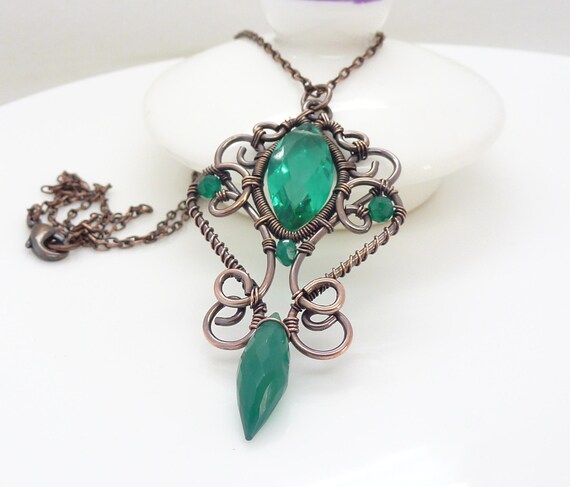 Copper necklace Emerald green necklace Dark green onyx