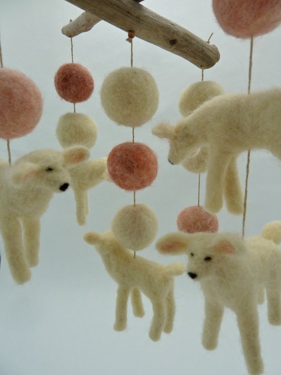 Crib Mobile ASymetrical Lamb Mobile Pinks and Cream