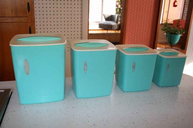 Vintage 1950s 1960s Retro Turquoise Rubbermaid 4 Piece