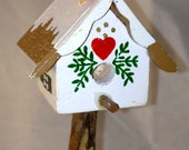 Tiny Birds on Snowy Birfhouse Wooden Figurine -  Christmas Tree Ornament