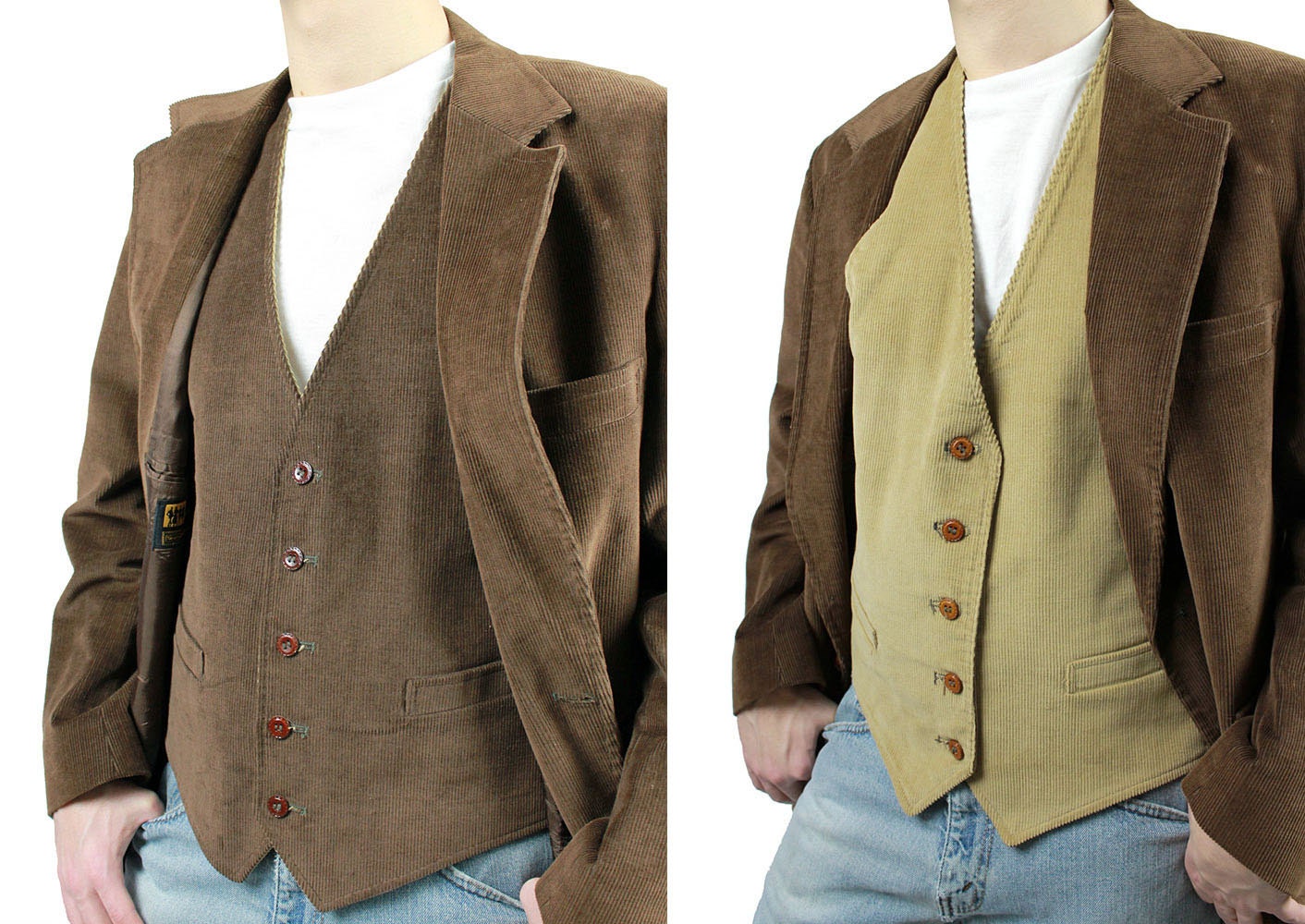 Corduroy Blazer & Reversible Vest 42R 42 Dark Brown Tan Two