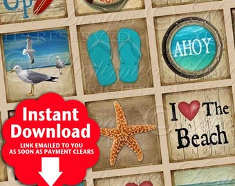 Retro Beach Printable Squares / Ocean / Vintage Designs - Printable INSTANT DOWNLOAD 1x1 Inch Square Tiles Digital JPG Collage Sheet