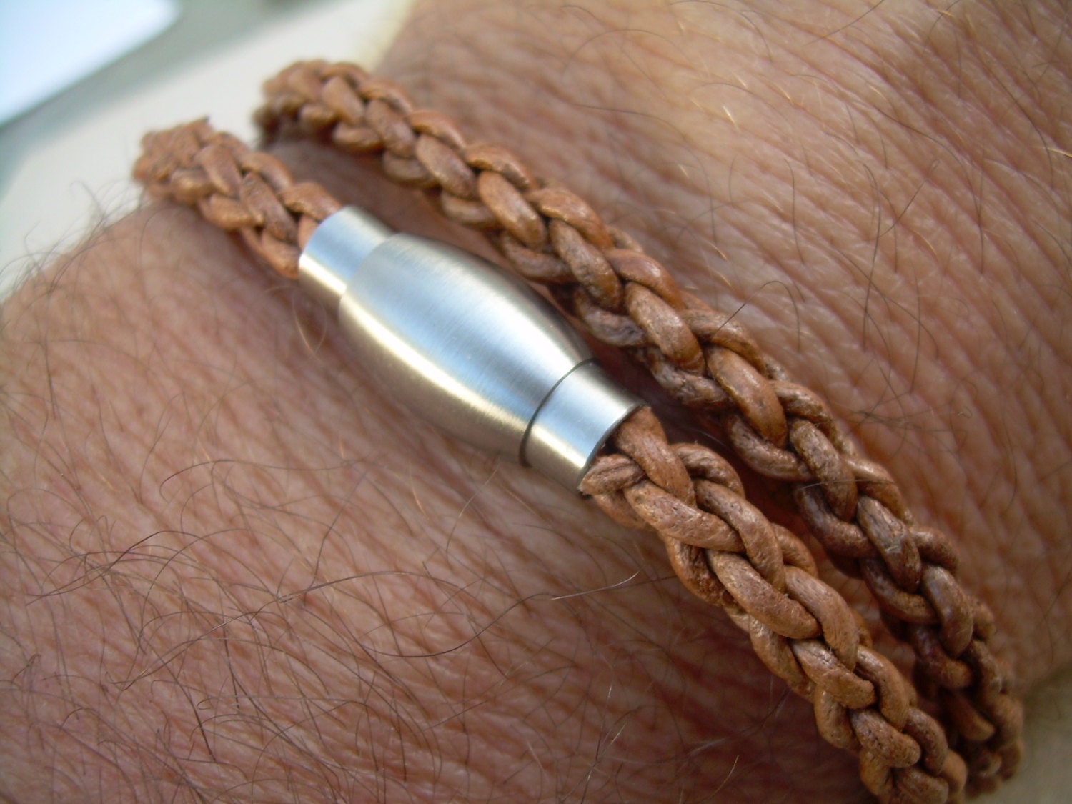 Mens Leather Bracelet Double Wrap Natural Braided with